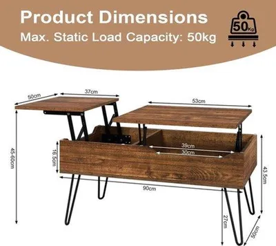 Produktbild von Couchtisch mit Stauraum und Doppel-Hebemechanismus – Industrielles Design – Vintage-Braun