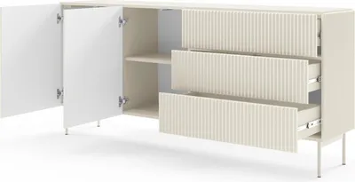 A beige sideboard with two doors and three drawers, shown with the doors and drawers open.
