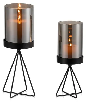 Produktbild von Windlicht und Kerzenhalter schwarz mit grauem Glaszylinder
