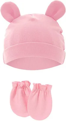 Produktbild von Baby-Hut und Babyhandschuh, Baumwollläuse mit Kratzerfunktion, geeignet für Kinder von 0-1 Jahr, Hauptumfang 15,5 cm, Rosa