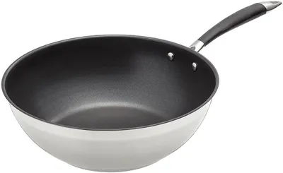 Produktbild von Amazon Basics INOX WOK 28 CM Induction Wokpfanne, 28 cm max. Durchmesser, Edelstahl, Induktionsherd-geeignet, Antihaftbeschichtung