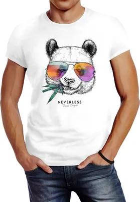 Produktbild von Neverless® Herren T-Shirt Panda Bär Aufdruck Tiermotiv mit Sonnenbrille Fashion Streetstyle weiß XL