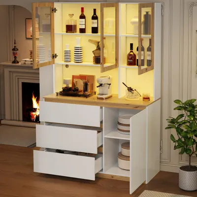 Produktbild von okwish Hochschrank Vitrine mit Glasfront und LED-Beleuchtung,Aufbewahrungsschrank,Hochschrank mit 3 Schubladen,Küchenschrank mit Offener Stauraum,für Wohnzimmer oder Küche,Weiß