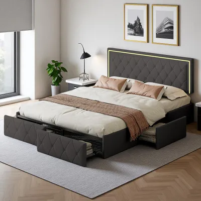 Immagine prodotto di Letto matrimoniale imbottito grigio, 160 x 200 cm, con illuminazione a LED, 4 cassetti portaoggetti e testata regolabile in altezza, box contenitore, con rete a doghe