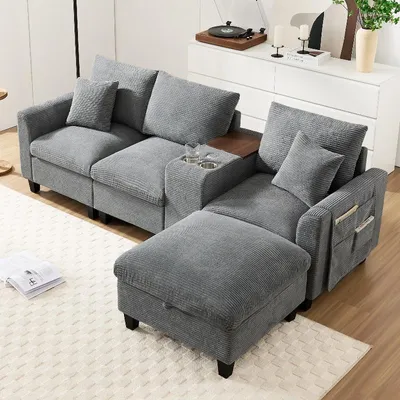 Obrázek produktu pro Rohová sedačka Cord, šedá, tvar L, 4 místná, modulární sedačka s úložným prostorem, středová konzole, USB nabíjecí port a držák na nápoje, rozměry 229x149,5 cm