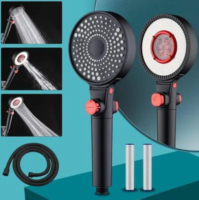 Immagine prodotto di Doccetta ad alta pressione con tubo flessibile da 15 m - soffione massaggiante con 3 modalità di getto - doccia a pioggia a risparmio idrico (nero opaco)