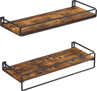 Produktbild von VASAGLE Wandregal, 2er Set, Schweberegal mit Stange, Wandboard, Aufbewahrung, an der Wand, für Küche, Schlafzimmer, Wohnzimmer, vintagebraun-schwarz LWS441B01