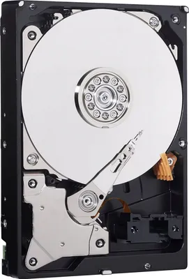An internal hard drive is shown with its cover removed, revealing the platters and read/write heads.