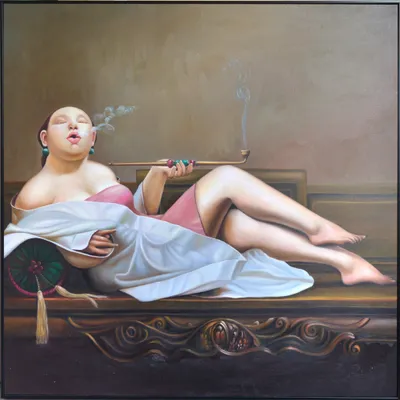 Produktbild von Fine Asianliving Ölgemälde 100% Handgemalt Rahmen Schwarz 100x100cm Chinesische Frau mit Zigarre Rosa
