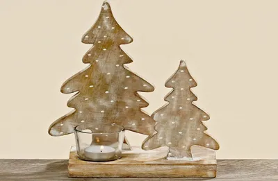 Produktbild von Windlicht Teelicht Holz Glas Tannenbaum H 30cm
