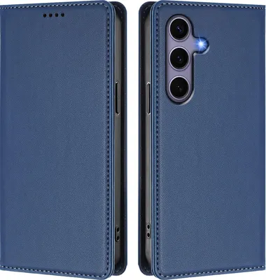 Image de Étui en cuir pour Samsung Galaxy S25 / S24, étui à rabat magnétique en cuirPolyuréthaneavec support, bleu foncé
