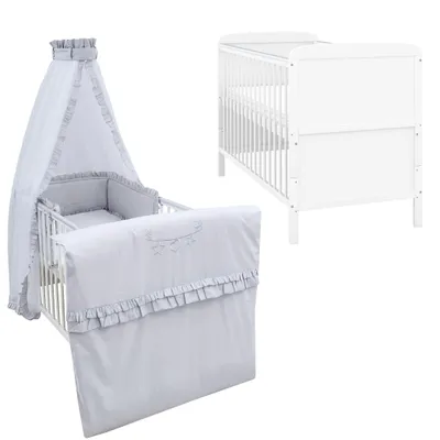 Produktbild von Baby-Delux Babybett Kinderbett Natalie Umbaubar 140x70 Weiß Beißschienen Bettset Komplett mit Motiv Royal Rüsche Grau