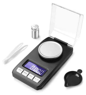 Produktbild von Feinwaage Milligrammwaage Taschenwaage - 0,001 g bis 50 g - 6 Gewichtseinheiten - LCD-Display mit Hintergrundbeleuchtung - Mit Kalibriergewicht 50 g
