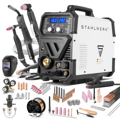 Produktbild von STAHLWERK Schutzgasschweißgerät 6-in-1 Kombi CTM-416 Puls Pro – Vollausstattung – CUT, WIG, MIG/MAG, PULS, MMA (E-Hand), FLUX bis 160 A, CUT bis 40 A, KI-generiertes Bild