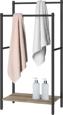 Produktbild von Relaxdays Handtuchständer mit Ablage, HxBxT: 81,5x42x24 cm, Holzoptik, 2 Stangen, Handtuchhalter stehend, natur/schwarz