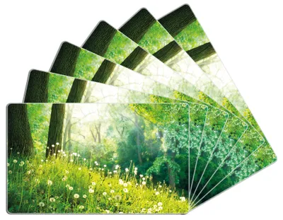 Produktbild von Wallario Frühstücksbrettchen 6er Set aus Glas, je 14 x 23 cm, mit rutschfesten Füßen, Motiv Pusteblumen im Wald mit einfallenden Sonnenstrahlen