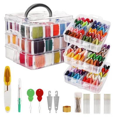 Produktbild von Handi Stitch Stickgarn Set - (187er Pack) - Kreuzstich Set mit 3-Stufiger Transparenter Garn Aufbewahrungsbox - 150 Farbstränge auf Papierspulen -