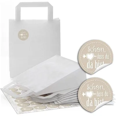 Produktbild von 48 weiße Papiertüten Papier-Tragetaschen Henkel-Tüten Geschenktüten Boden 18 x 8 x 22 cm kleine Papiertaschen + 48 runde Aufkleber Sticker SCHÖN DASS DU DA BIST Verpackung Geschenke