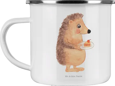 Produktbild von Mr. & Mrs. Panda Emaille Tasse Igel Kuchenstück - Weiß - Geschenk, Lustige Sprüche, Torte, Backen, Geburtstagskuchen, Becher, Kuchen, Kaffeepott, Pott, Teetasse