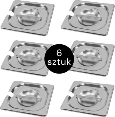 Zdjęcie produktu dla Pokrywka do pojemników GN Mega-M ze stali nierdzewnej 176x162mm, odpowiednia do pojemników 1/6, z wycięciem na chochelkę, zestaw 6 szt.