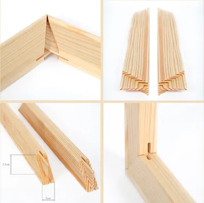 A collage of four images showing wooden stretcher bars for canvas frames, demonstrating their interlocking design and dimensions.