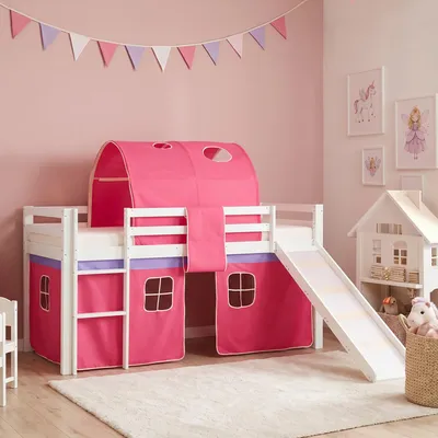 Produktbild von Homestyle4u Hochbett 90x200 mit Rutsche Set mit Matratze ® Standard 100 Lattenrost Vorhang Tunnel Rosa Pink Mädchen Kinderbett Weiß Holz Kiefer Massiv Jugendbett Spielbett