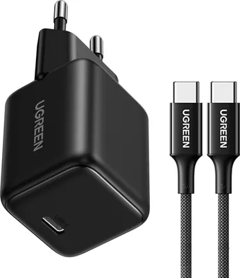 A black Ugreen GaN charger and two USB-C cables are displayed against a white background.