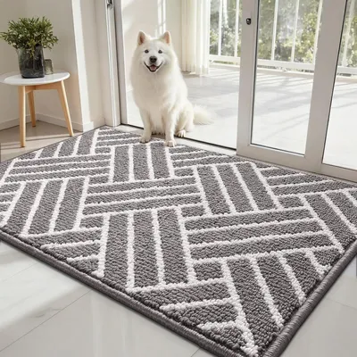 Image de Paillasson gris, dimensions 80x120 cm, à rayures, antidérapant, lavable, tapis de protection pour intérieur et extérieur