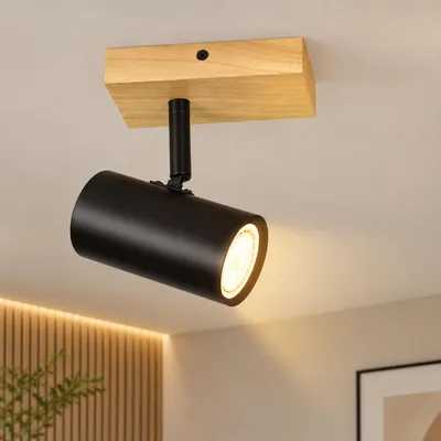 Produktbild von ZMH Deckenleuchte Schwarz Deckenstrahler 1 Flammig Holz Deckenlampe GU10 Deckenspots Schwenkbar 350° Spotslight für Wohnzimmer Schlafzimmer Küchen Korridor Esszimmer