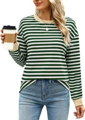 Produktbild von ASKSA Damen T-Shirt Rundhals Langarm Shirts Gestreift Basic Elegant Casual Lose Frauen Tunika Oberteile (Gruen,2XL)