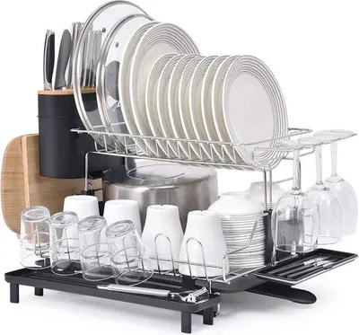 Produktbild von Unyqoos® 2‑stöckiges Abtropfgestell aus 304 Edelstahl, rostfrei für Spüle – 16 Teller, Besteck-/Becher-/Weinglashalter, Schneidebretthalter, 360° Auslauf