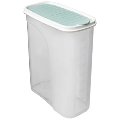 A clear, studio shot of a transparent plastic food storage container with a light green lid.