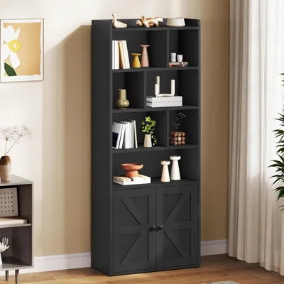 Produktbild von Bücherregal mit Türen und Schrank, 4-stöckig, freistehend, offen, Schwarz, 60 x 30 x 159 cm