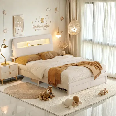 Obrázok produktu pre Zamatová čalúnená posteľ ProximaX 140x200 cm v béžovej farbe s pamäťou na čelo, nabíjacím portom USB, osvetlením LED a dvoma zásuvkami na nohách