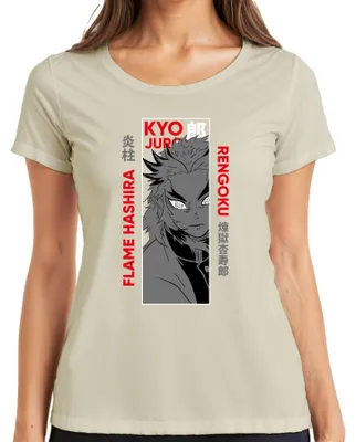 Immagine prodotto di Maglietta da donna con stampa Kyojuro Rengoku, Hashira del Fuoco, anime Kimetsu no Yaiba, colore naturale, taglia L