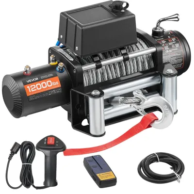 Productafbeelding van VEVOR Elektrische lier, 5400 kg, 12V DC lier voor vrachtwagens, met een stalen kabel van 9,1 mm x 26 meter, met draadloze en bedrade afstandsbediening, geschikt voor het slepen van SUV's, jeeps, aanhangwagens, boten en offroad voertuigen