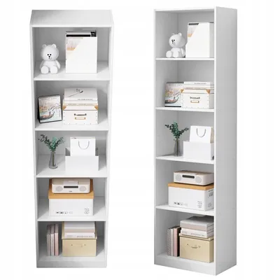 Two white bookshelves are shown side-by-side, each filled with various decorative items and boxes.