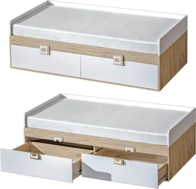 Produktbild von Furniture24 Bett NICO14, Kinderbett, Jugendbett mit 2 Schubkasten und Federkernmatratze 90 x 200 cm Hell Eiche/Weiß/Hell Eiche