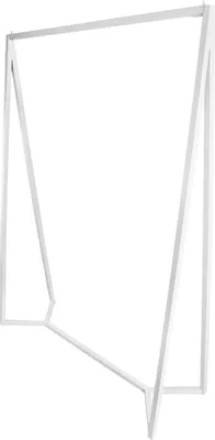 A white metal clothing rack with a geometric, triangular frame.