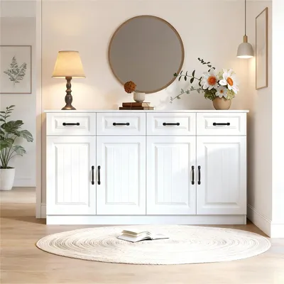 Produktbild von Sideboard Kommode - 160x35x80 cm, Weiß - 4 Türen und 4 Schubladen mit geriffeltem Design - 8 Metallgriffe - Verstellbare Einlegeböden