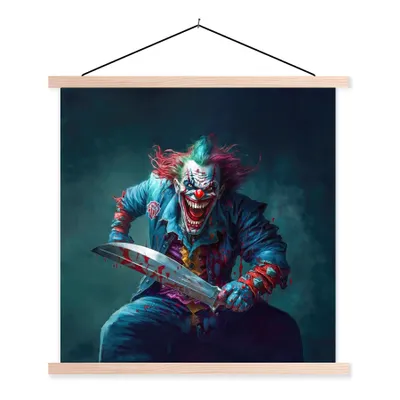Produktbild von MuchoWow® Textilposter Clown - Horror - Messer - Kleidung - Porträt 60x60 cm mit holzfarbenen Rahmen - Wanddekoration