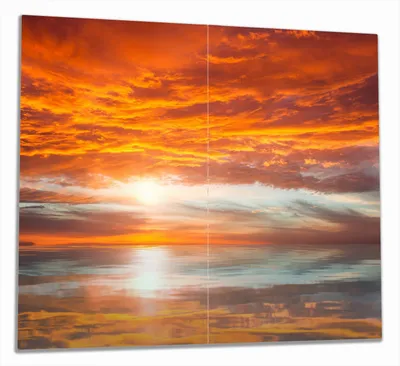 Produktbild von Wallario Herdabdeckplatte aus Glas, Größe 60 x 52 cm 2-teilig, Motiv Abendrot in Reflexion über dem See
