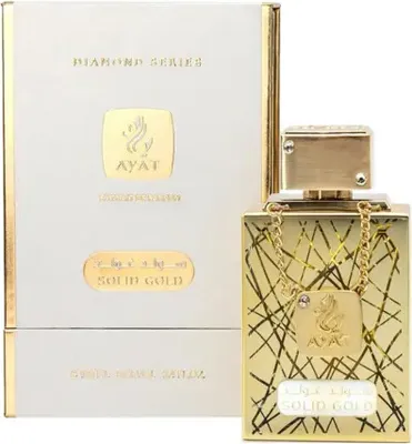 A perfume bottle and its packaging are displayed against a white background.