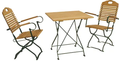 Produktbild von DEGAMO Bistroset Sitzgruppe Gartengarnitur im Kurgartendesign BAD TÖLZ 3-teilig, Flachstahl grün + Holz Robinie, klappbar