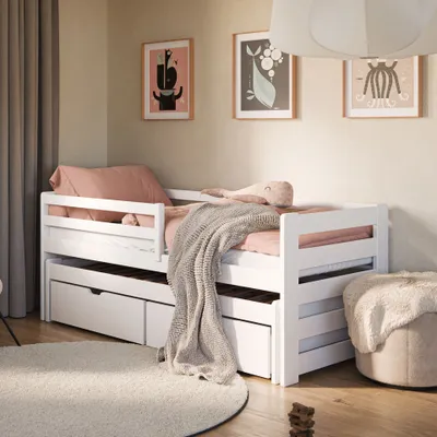 Produktbild von Einzelbett 90x200 mit Rausziehbett 90x190 mit zwei Schubladen, Rausfallschutz und Lattenrosten, Vollholz massiv in weiss, Kinderbett Funktionsbett