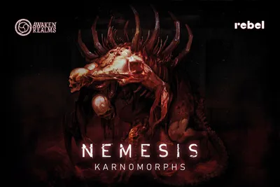 A dark, ominous image featuring a monstrous creature with skeletal features, along with the game title 'Nemesis' and subtitle 'Karnomorphs'. Logos for 'Awaken Realms' and 'rebel' are present.
