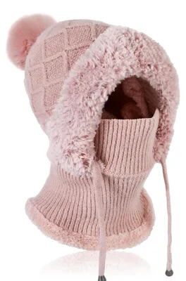 Immagine prodotto di Berretto da donna in lana, modello termico invernale, 3-in-1: berretto e scaldacollo, set rosa, con fodera in pile