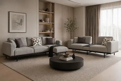 Zdjęcie produktu dla Sofa narożne tapicerowane, 3-osobowe, szare, obite tkaniną, miękkie, nowoczesne