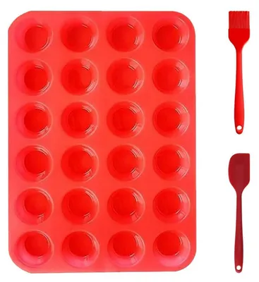 Immagine prodotto di Mini stampo in silicone per muffin, per 24 muffin, dimensioni 32 x 22,5 cm, con spatola e pennello per olio, antiaderente