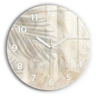 Produktbild von Wallfluent Große Wanduhr – Stilles Quarzuhrwerk - Uhr Dekoration Wohnzimmer Schlafzimmer Küche - Zifferblatt - weiße Zeiger - 60 cm - Schatten einer Palme im Sand